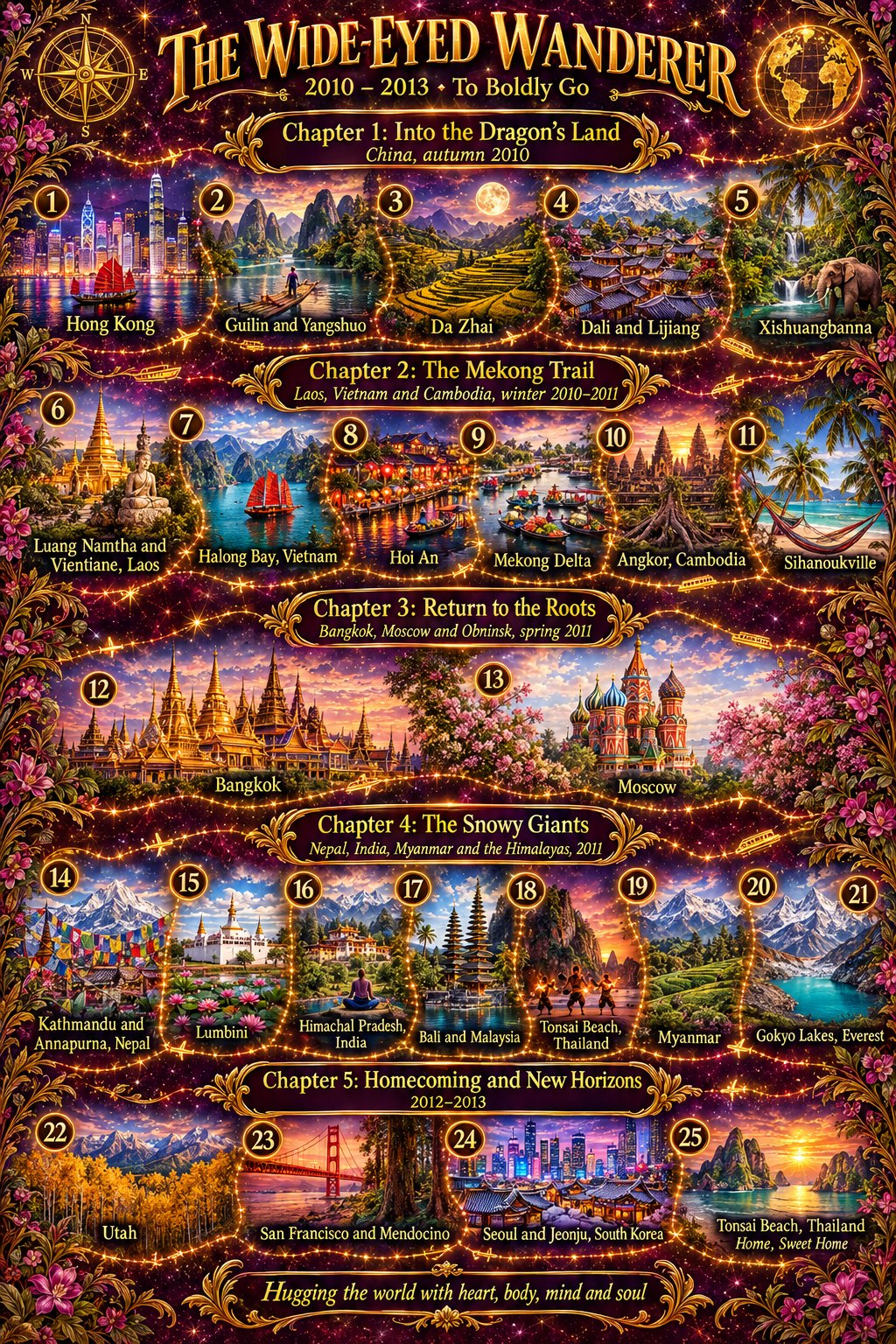 Illustrated world journey map, 2010 to 2013: China, Laos, Vietnam, Cambodia, Bangkok, Moscow, Nepal, India, Bali, Malaysia, Thailand, Myanmar, Utah, San Francisco and South Korea.